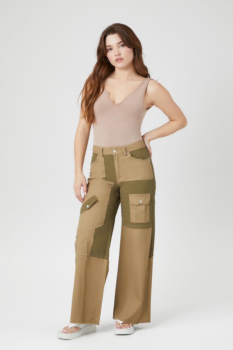 Forever 21 Women's Colorblock Reworked Wide-Leg Pants Olive