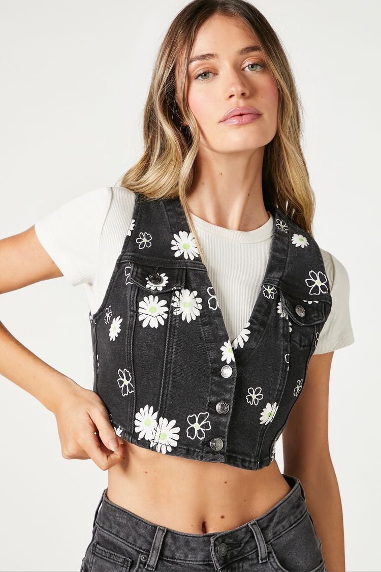 Forever 21 Women's Daisy Print Denim Vest Black/Multi