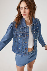 Forever 21 Women's Faux Pearl Denim Trucker Jacket Medium Denim