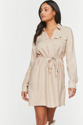 Forever 21 Women's V-Neck Belted Shirt Dress Taupe