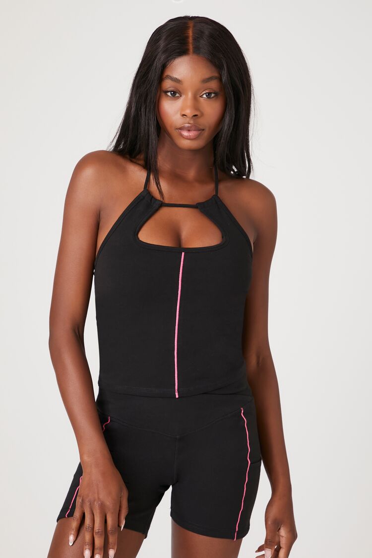 Forever 21 Women's Active Contrast-Seam Halter Top Black/Hot Pink