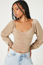 Forever 21 Women's Ruched Peasant-Sleeve Top Taupe