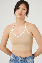 Forever 21 Women's Cropped Ringer Halter Top Khaki/White