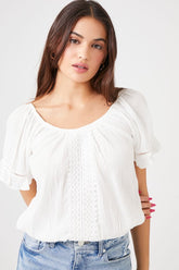 Forever 21 Women's Ruffle Crochet-Trim Top Ivory