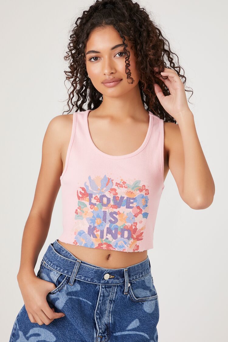 Forever 21 Women's Ribbed Love Is Kind Tank Top Pink/Multi