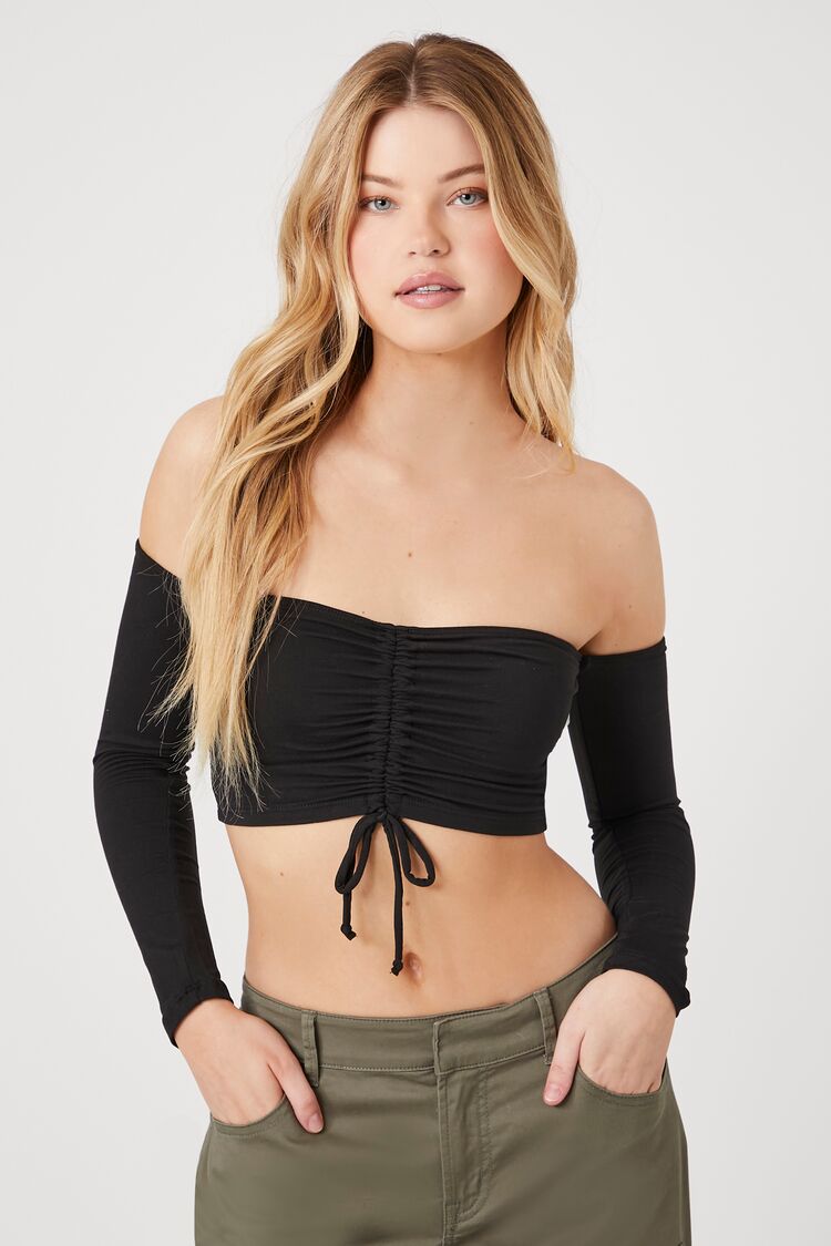 Forever 21 Women's Ruched Off-the-Shoulder Crop Top Black