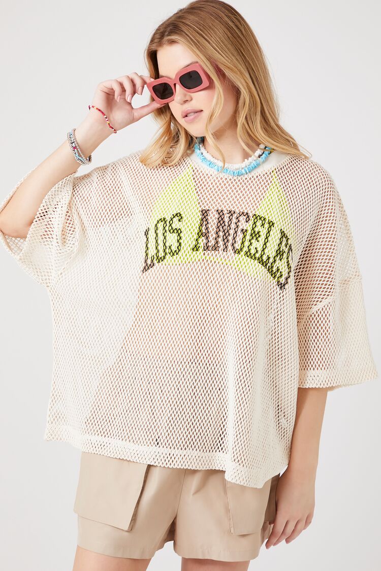 Forever 21 Women's Sheer Mesh Los Angeles Graphic T-Shirt Cream/Multi