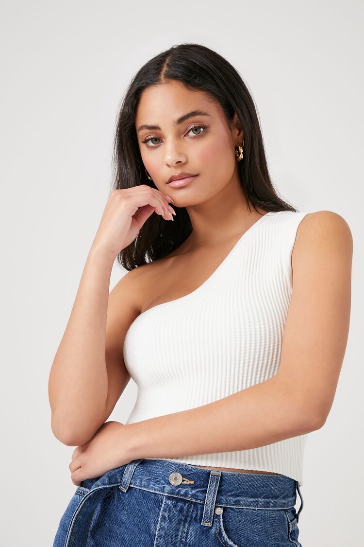 Forever 21 Women's Sweater-Knit One-Shoulder Crop Top White