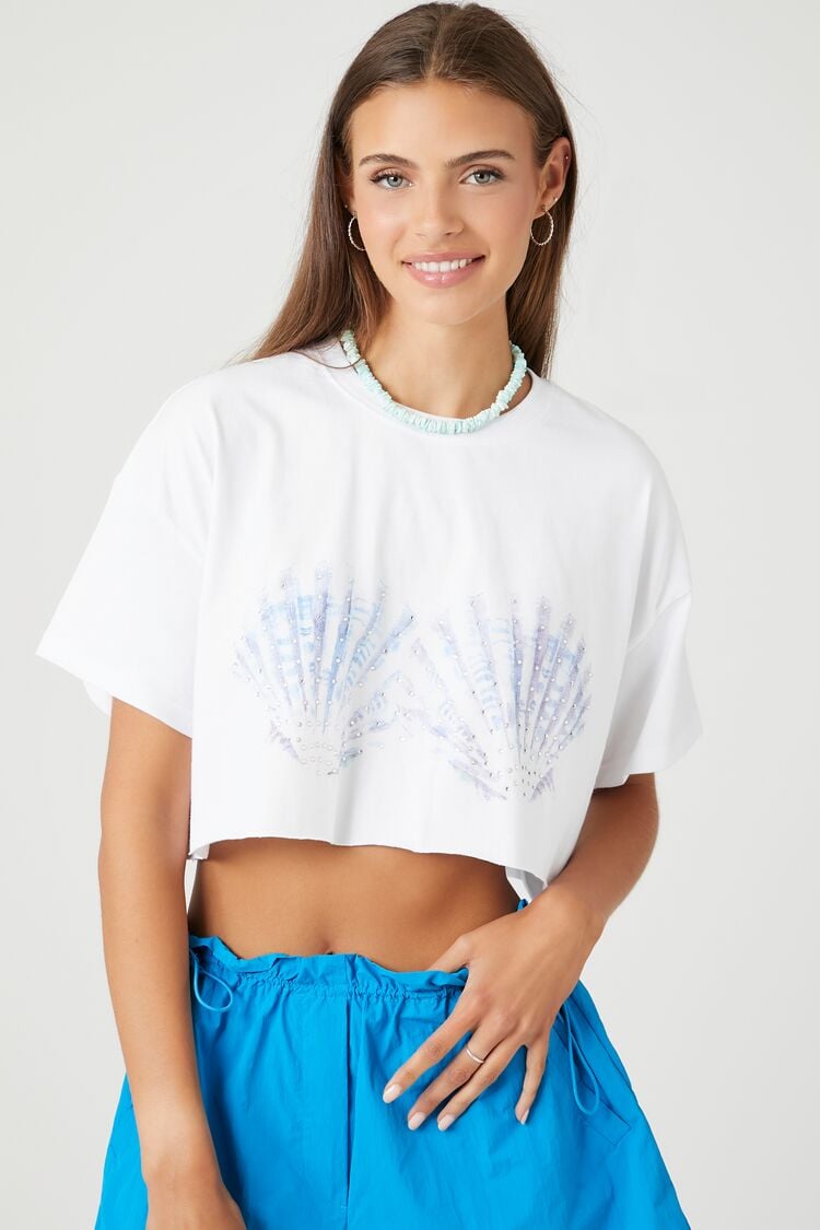 Forever 21 Women's Studded Seashell Graphic Cropped T-Shirt White/Multi