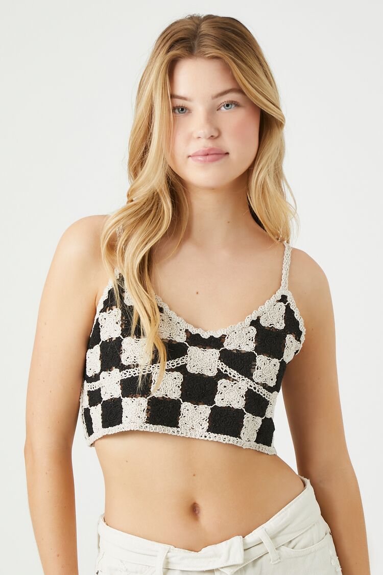 Forever 21 Women's Checkered Sweater-Knit Cropped Cami Black/White