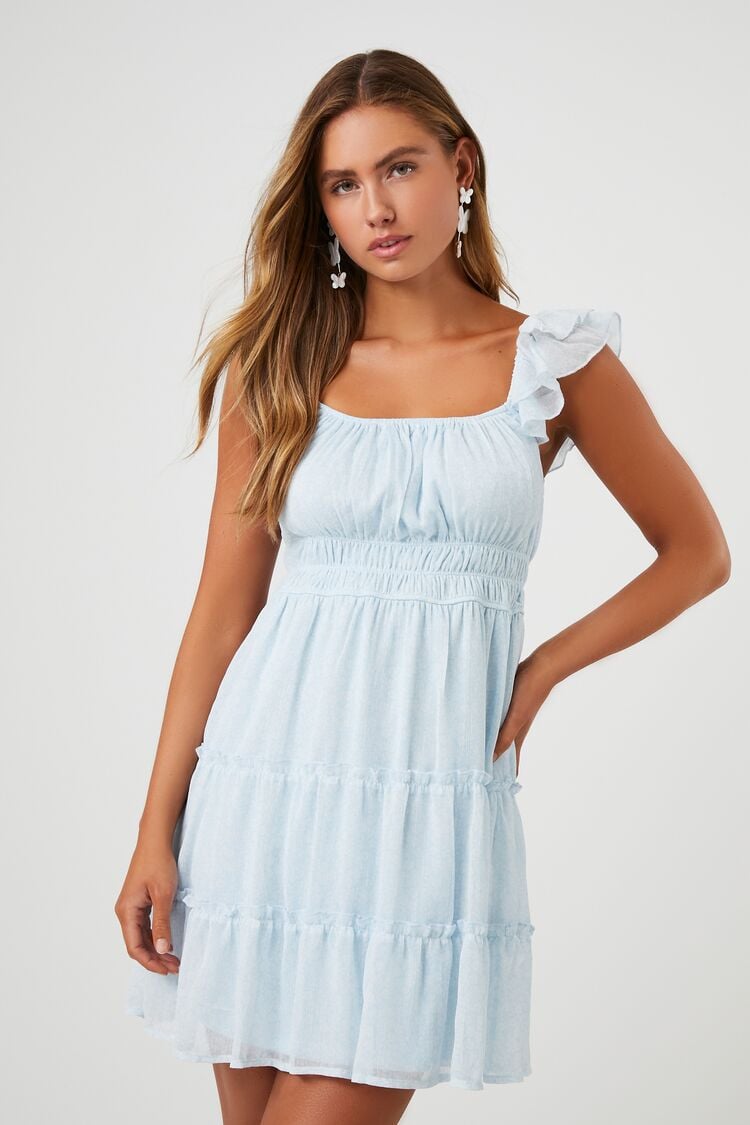 Forever 21 Women's Butterfly-Sleeve Babydoll Mini Spring/Summer Dress Blue/White
