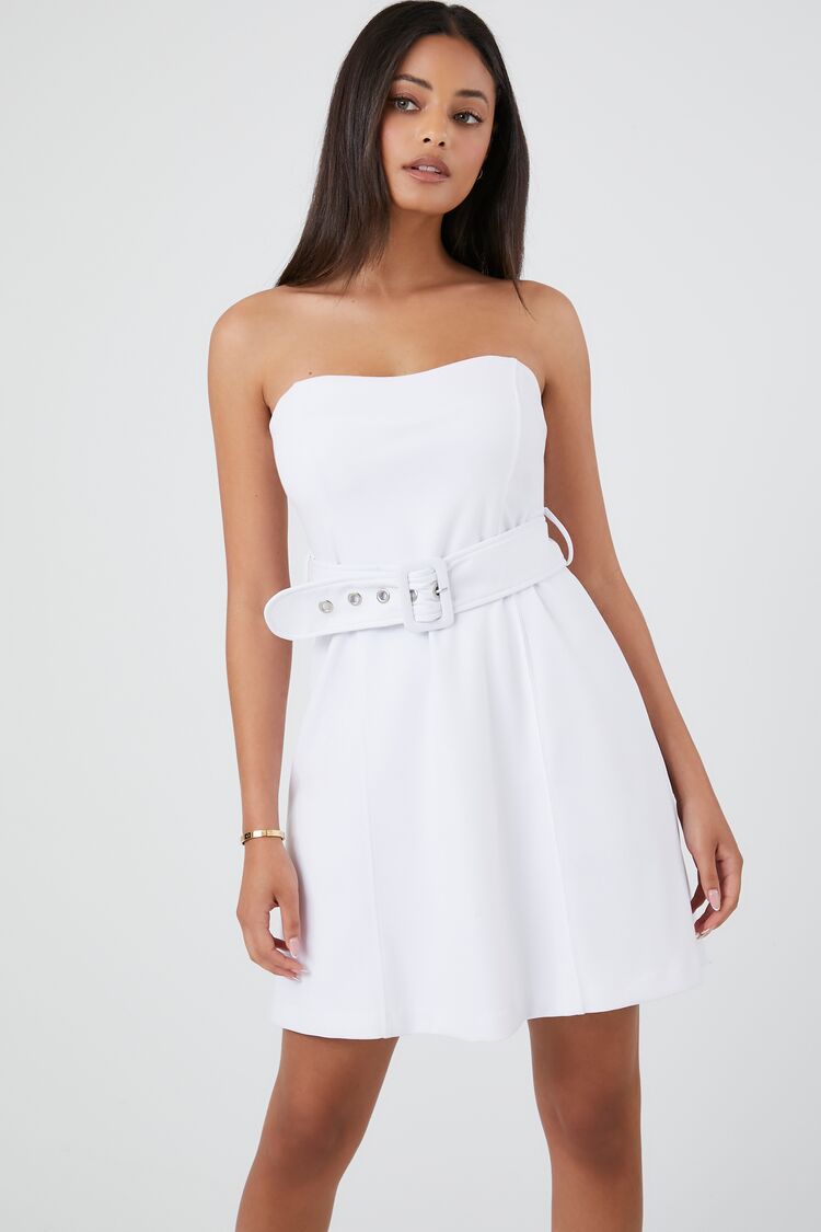 Forever 21 Women's Belted Sweetheart Mini Dress White