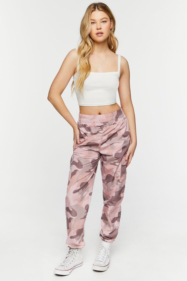 Forever 21 Women's Camo Print Smocked Joggers Pink/Multi