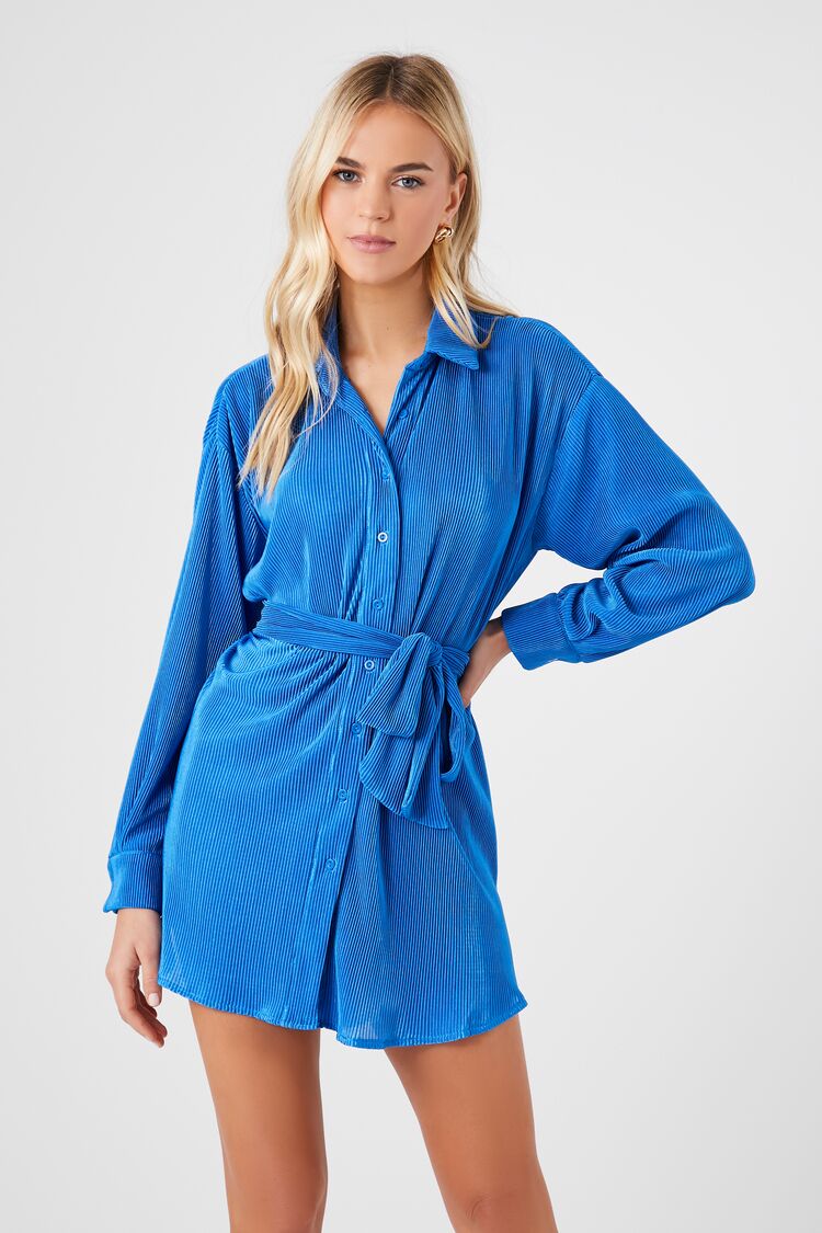 Forever 21 Women's Ribbed Tie-Waist Shirt Spring/Summer Dress Sapphire