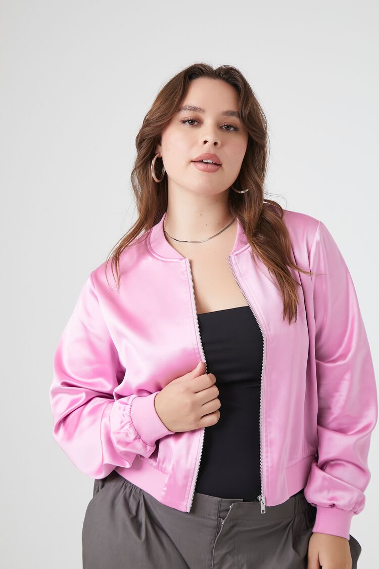 Forever 21 Plus Women's Satin Bomber Jacket Dawn Pink