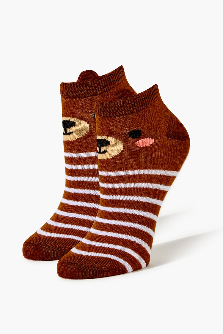 Forever 21 Women's Striped Bear Ankle Socks Brown/Multi