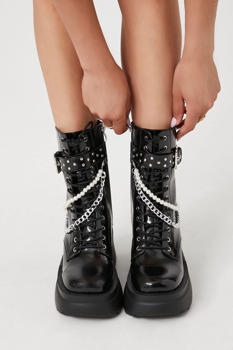 Forever 21 Women's Faux Pearl Chain Combat Boots Black