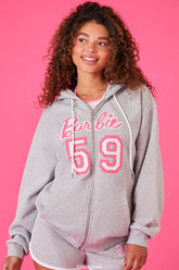 Forever 21 Women's Embroidered Barbie Zip-Up Hoodie Sweatshirt Heather Grey/Multi