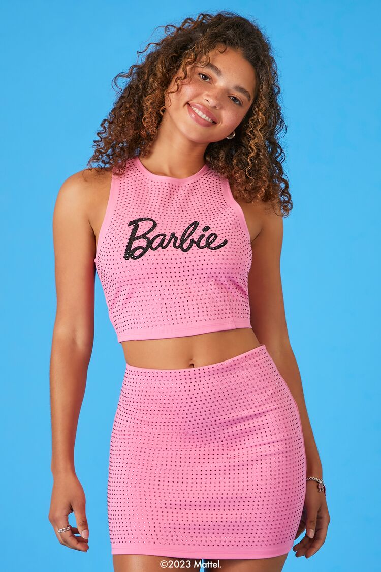 Forever 21 Women's Barbie Crop Top & Mini Skirt Set Pink/Black