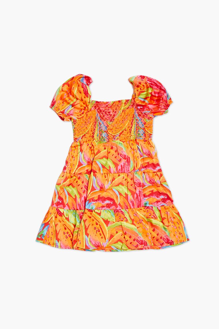 Forever 21 Girls Satin Floral Print Dress (Kids) Orange/Multi