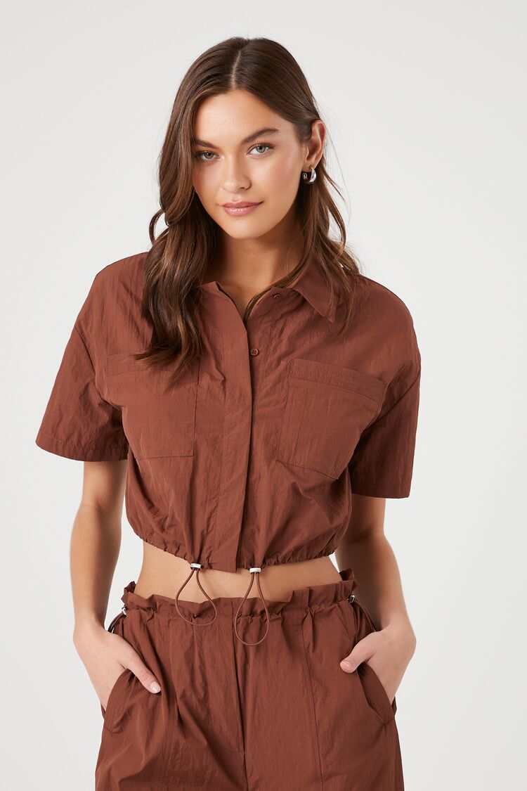 Forever 21 Women's Toggle Drawstring Cropped Shirt Cappuccino