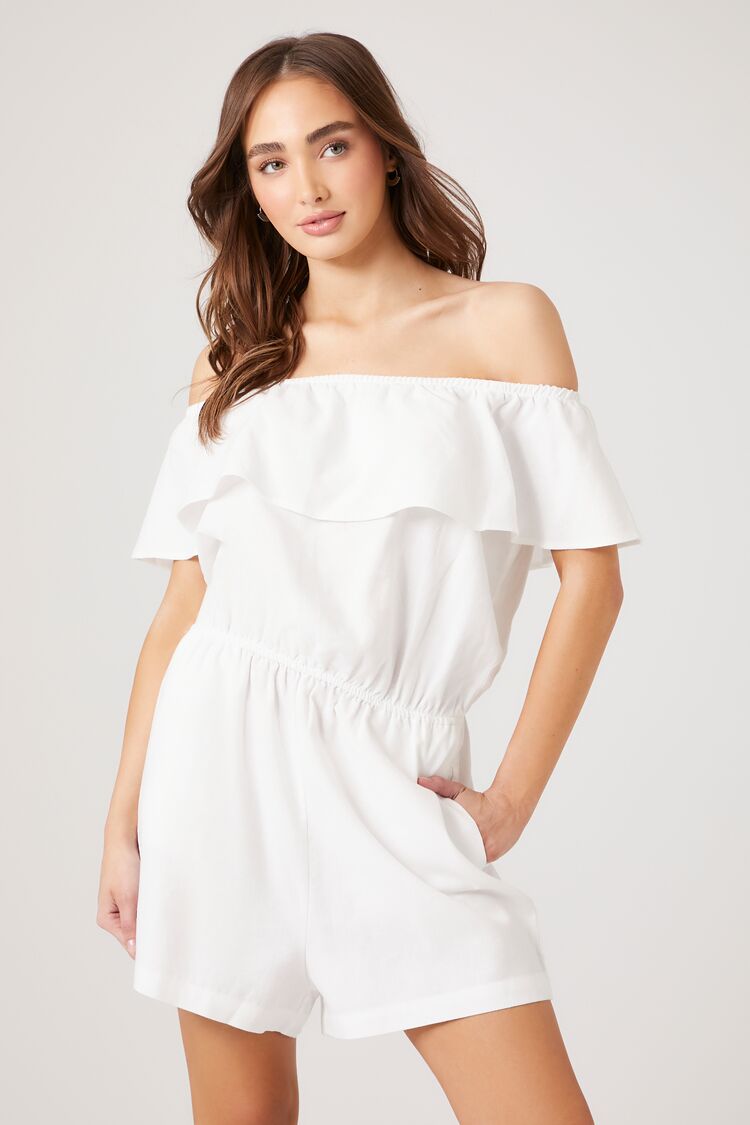 Forever 21 Women's Ruffle Off-the-Shoulder Romper White