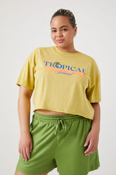 Forever 21 Plus Women's Tropical Island Cropped T-Shirt Olive/Multi