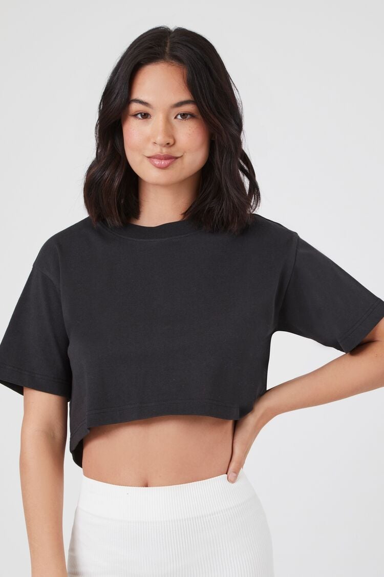 Forever 21 Women's Cropped Cotton Crew T-Shirt Black