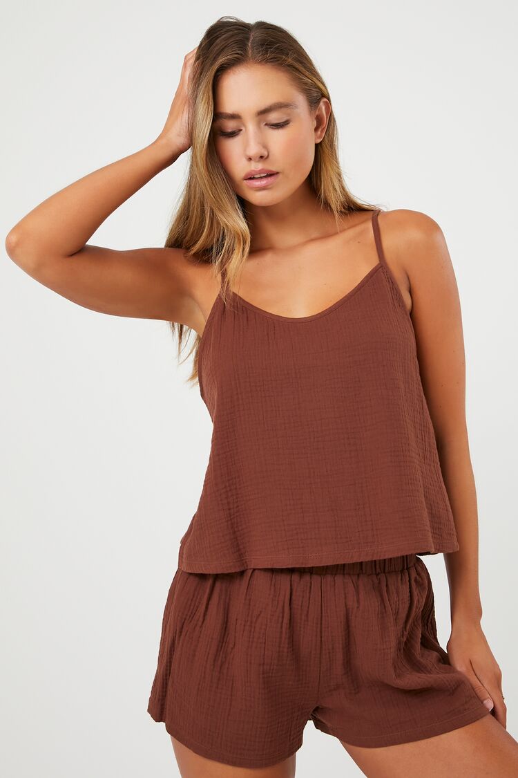 Forever 21 Women's Gauze Cami & Shorts Lounge Set Brown