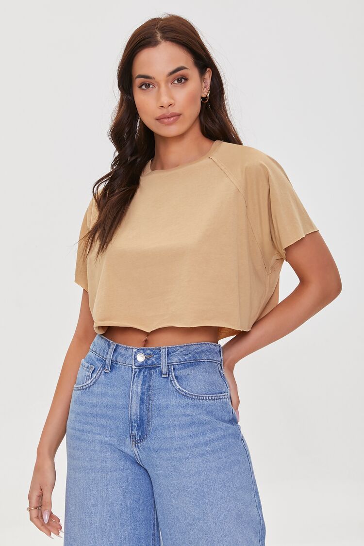 Forever 21 Women's Raglan-Sleeve Cropped T-Shirt Cappuccino