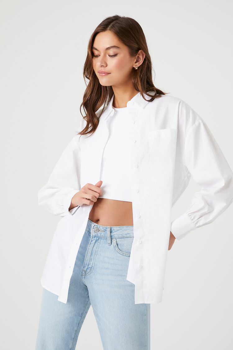 Forever 21 Women's Oversized Curved-Hem Shirt White