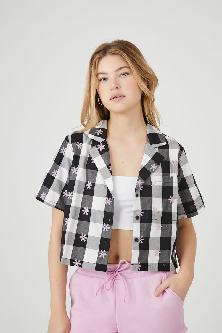 Forever 21 Women's Flower Embroidered Plaid Shirt White/Black