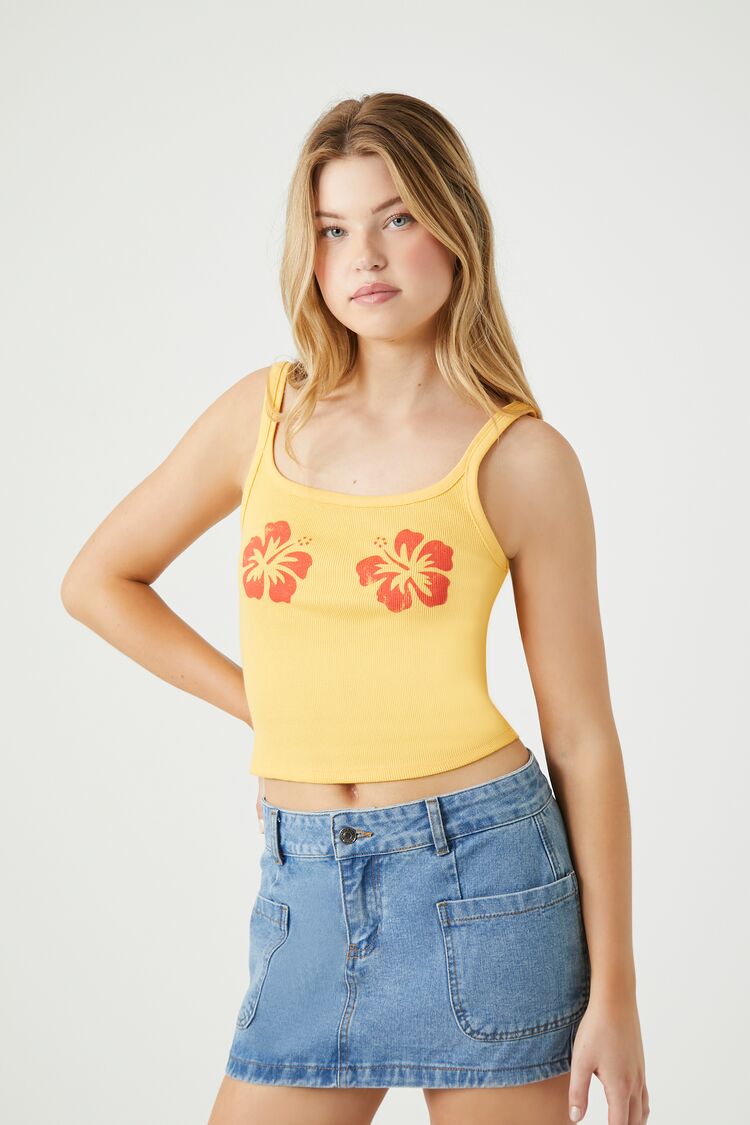 Forever 21 Women's Flower Graphic Cropped Cami Yellow/Multi