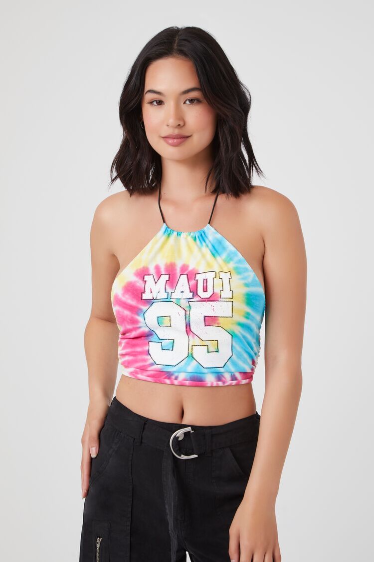 Forever 21 Women's Tie-Dye Maui 95 Graphic Halter Top Pink/Multi