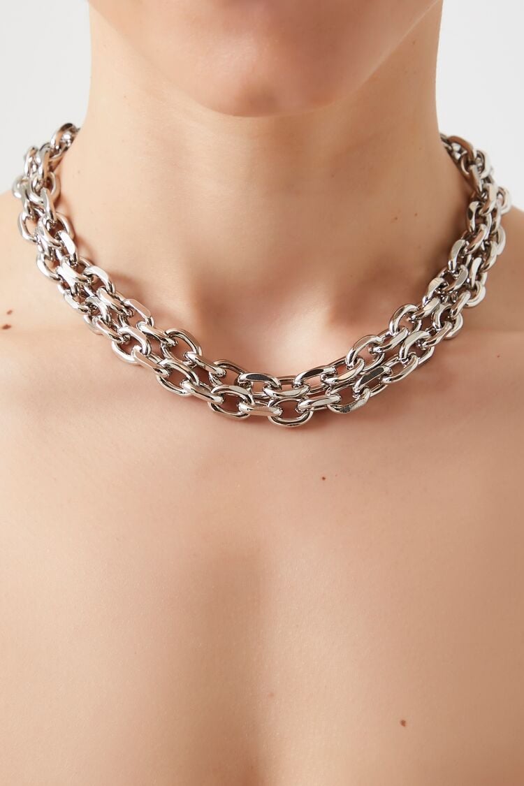Forever 21 Women's Chunky Rolo Chain Layered Necklace Silver