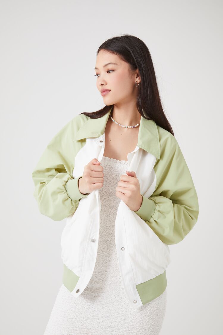 Forever 21 Women's Colorblock Bomber Jacket Light Olive/White