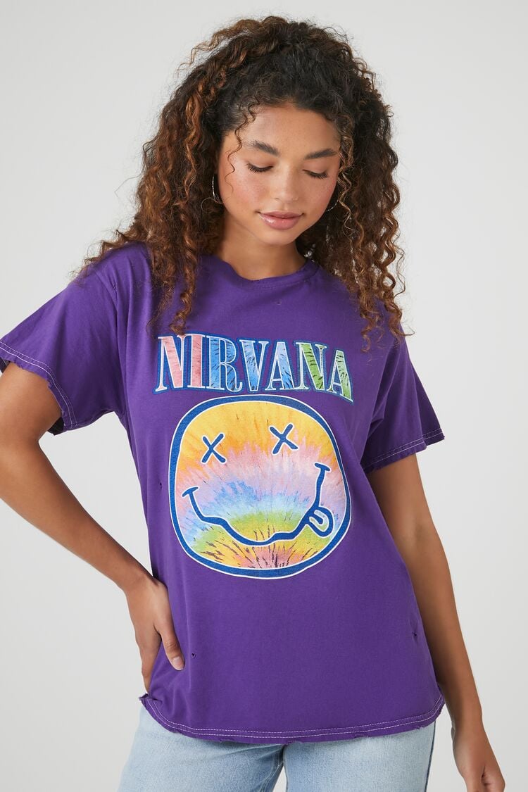 Forever 21 Women's Oversized Nirvana Graphic T-Shirt Purple/Multi