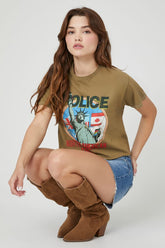 Forever 21 Women's The Police Cropped Graphic T-Shirt Brown/Multi