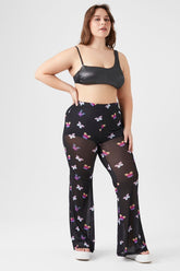 Forever 21 Plus Women's Sheer Butterfly Flare Pants Black/Multi