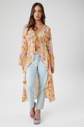 Forever 21 Women's Sheer Floral Print Kimono Lavender/Multi