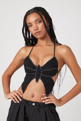 Forever 21 Women's Rhinestone Butterfly Halter Top Black