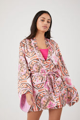 Forever 21 Women's Ornate Print Satin Kimono Pink/Multi