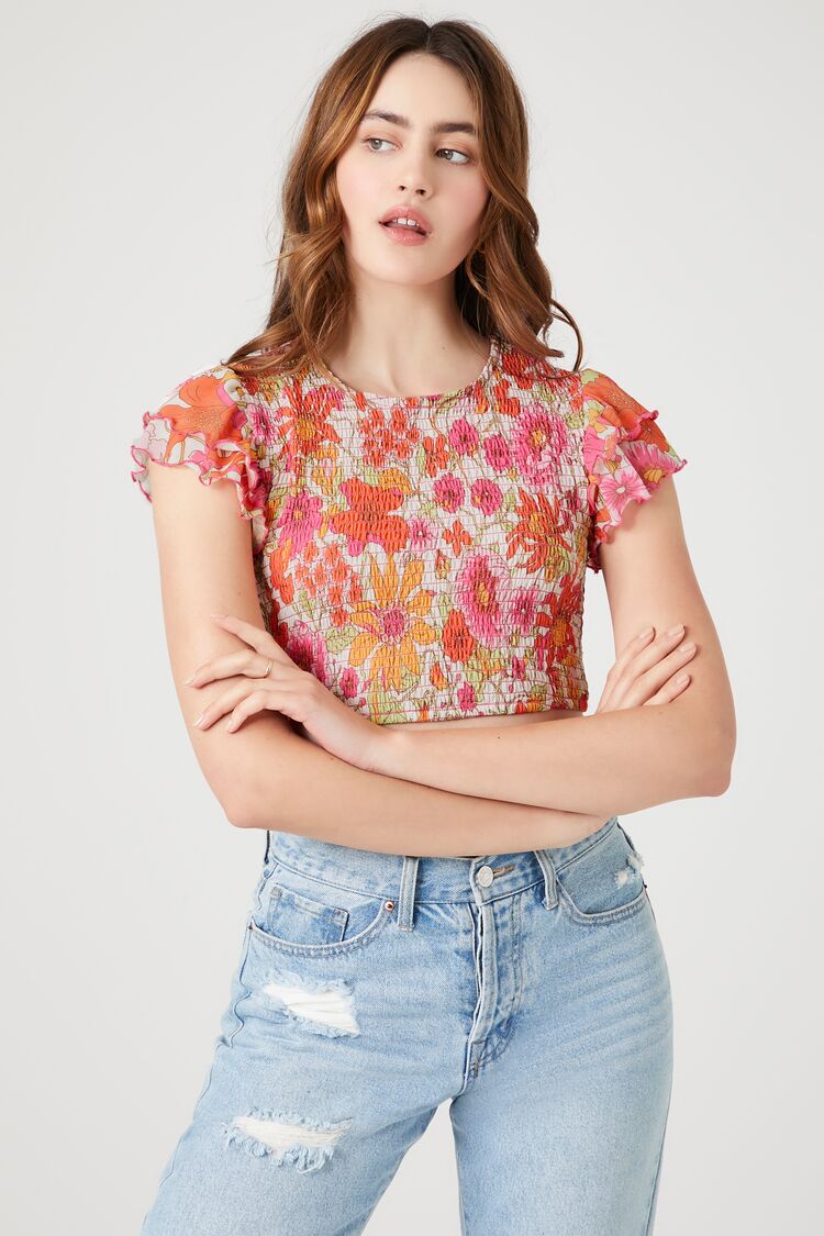 Forever 21 Women's Smocked Floral Crop Top Hot Pink/Multi