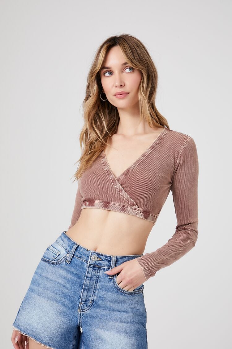 Forever 21 Women's Ribbed Surplice Crop Top Cappuccino