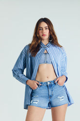 Forever 21 Women's Reworked Poplin Striped Shirt Blue/Multi