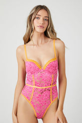 Forever 21 Women's Contrast Lace Lingerie Bodysuit Cantaloupe/Pink