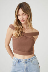 Forever 21 Women's Sweater-Knit Off-the-Shoulder Crop Top Almond