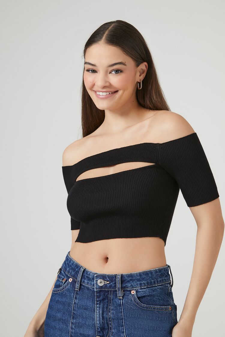 Forever 21 Women's Sweater-Knit Off-the-Shoulder Top Black