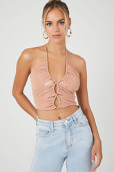 Forever 21 Women's Textured Cutout Halter Crop Top Taupe