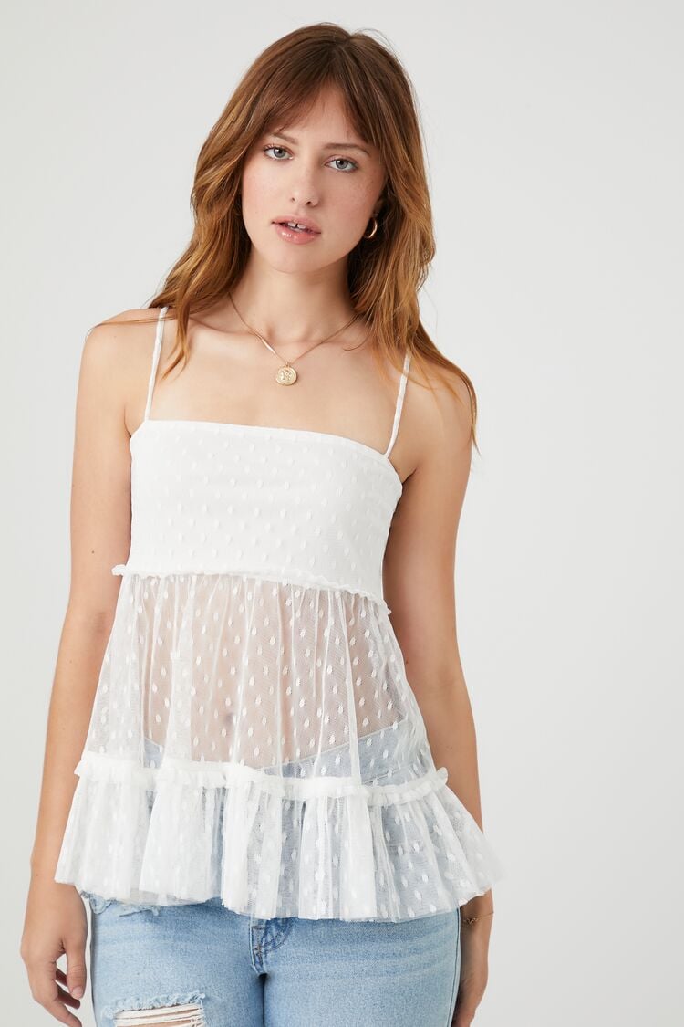 Forever 21 Women's Sheer Mesh Ruffle Cami White